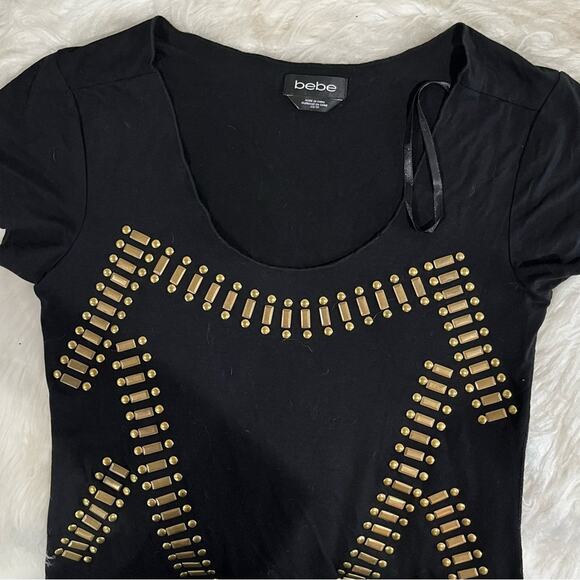 NEW Bebe Y2K Gold Studded Rock & Roll Heart Raw Edge Round Hem Scoop Neck Top XS - Picture 8 of 16